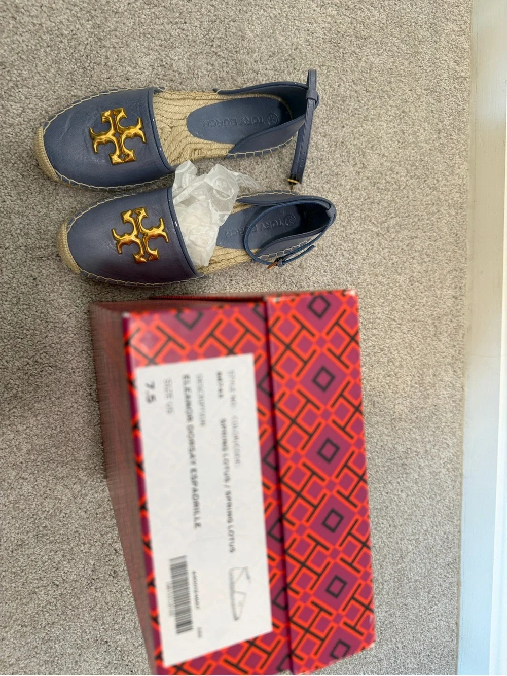 Tory Burch Navy Leather Espadrilles with Gold Logo